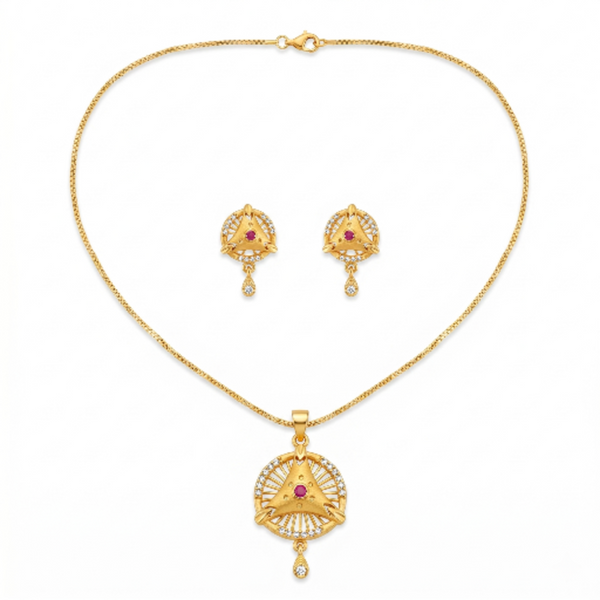 Gold-Plated Jewellery Set for Women – Elegant Geometric Sunburst Pendant Necklace and Matching Stud Earrings with Ruby Pink Stones and Clear Crystal Accents