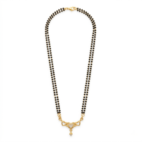 Gold Plated Double String Black Seed Bead Mangalsutra for Women | Traditional Ethnic Heart Pendant Necklace with American Diamond Accents | Daily Wear Tanmaniya for Marriage