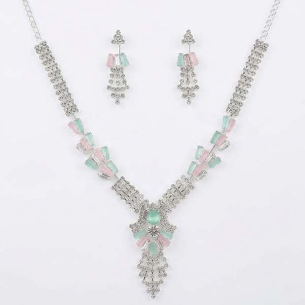 Elegant Silver-Plated Choker Necklace and Earrings Set with Mint Green & Blush Pink Baguette Crystals – Fancy Bridal & Party Wear Jewellery for Women and Girls