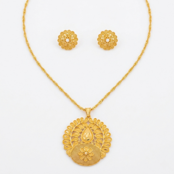 Gold-Plated Traditional Floral Filigree Pendant Necklace with Matching Stud Earrings for Women and Girls - Ethnic Jewellery Set for Wedding, Festivals, and Gifting