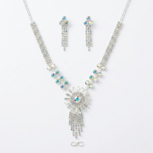 Women’s Aurora Borealis Crystal Bridal Jewellery Set - Silver-Tone Rhinestone Fringe Statement Necklace and Dangle Drop Earrings for Weddings, Prom, and Formal Galas
