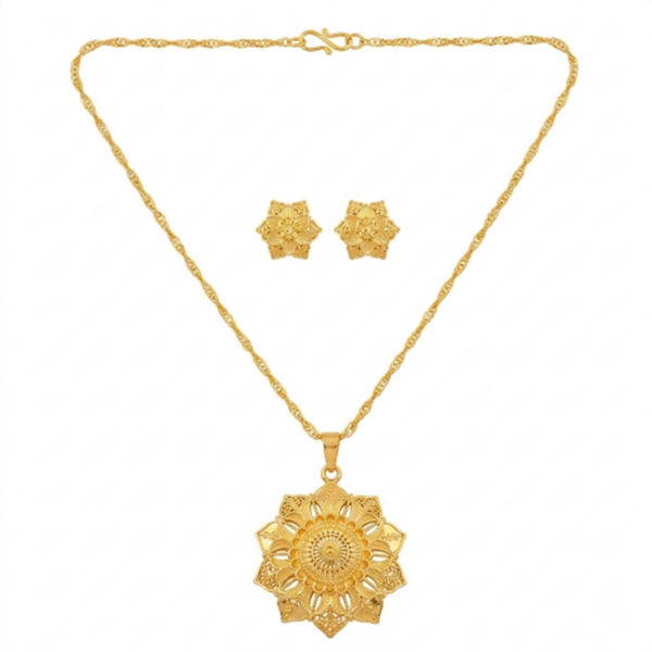 Elegant Gold-Plated Floral Pendant Necklace with Star-Shaped Stud Earrings - Traditional Jewellery Set for Women and Girls - Ethnic Sun Filigree Design for Weddings and Festivals