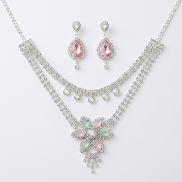 Elegant Floral Crystal Choker Necklace and Earring Set for Women | Silver-Plated Rhinestone Jewellery with Pink and Green Stones | Wedding, Party, and Bridal Wear Accessories