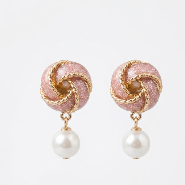 Pink Rose Gold Pearl Knot Stud Earrings For Women