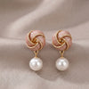 Pink Rose Gold Pearl Knot Stud Earrings For Women