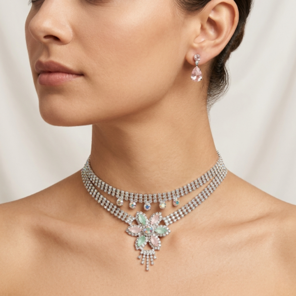Elegant Floral Crystal Choker Necklace and Earring Set for Women | Silver-Plated Rhinestone Jewellery with Pink and Green Stones | Wedding, Party, and Bridal Wear Accessories