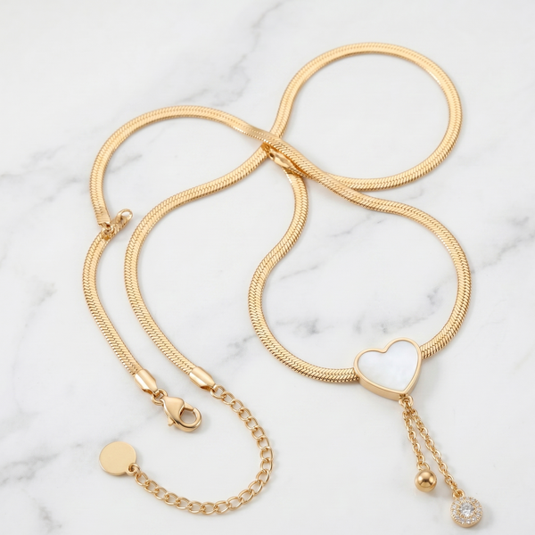 Gold Plated White Heart Pendant Necklace - Flat Snake Herringbone Chain with Crystal Dangle - Elegant Adjustable Jewellery for Women and Girls