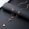 Rose Gold Plated Stainless Steel Double Layer Necklace with Black Enamel Clover and Floral Charms, Adjustable Two-Tone Lariat Pendant Chain, Trendy Korean Fashion Jewellery for Women and Girls