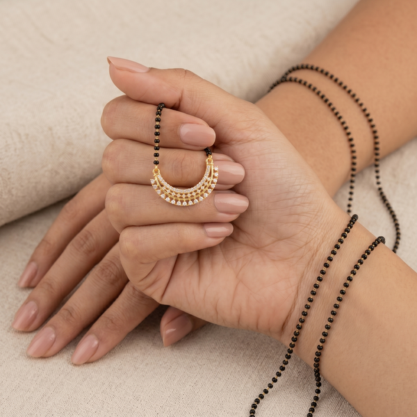Traditional Gold Plated Mangalsutra Necklace for Women with American Diamond Adorned Crescent Moon Pendant | Black Beaded Chain | Wati Design Traditional Indian Jewellery for Wedding & Festive Wear | Gift for Wife/Mother