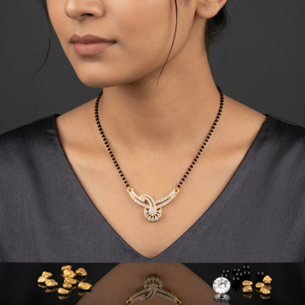 Gold-Plated Diamond-Studded Mangalsutra with Traditional Black Bead Chain for Women