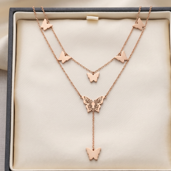 Rose Gold Butterfly Necklace for Women - Multi Layered Stainless Steel Butterfly Pendant Necklace, Anti-Tarnish & Waterproof Jewellery, Stylish Lariat Long Chain Gift for Girls and Women
