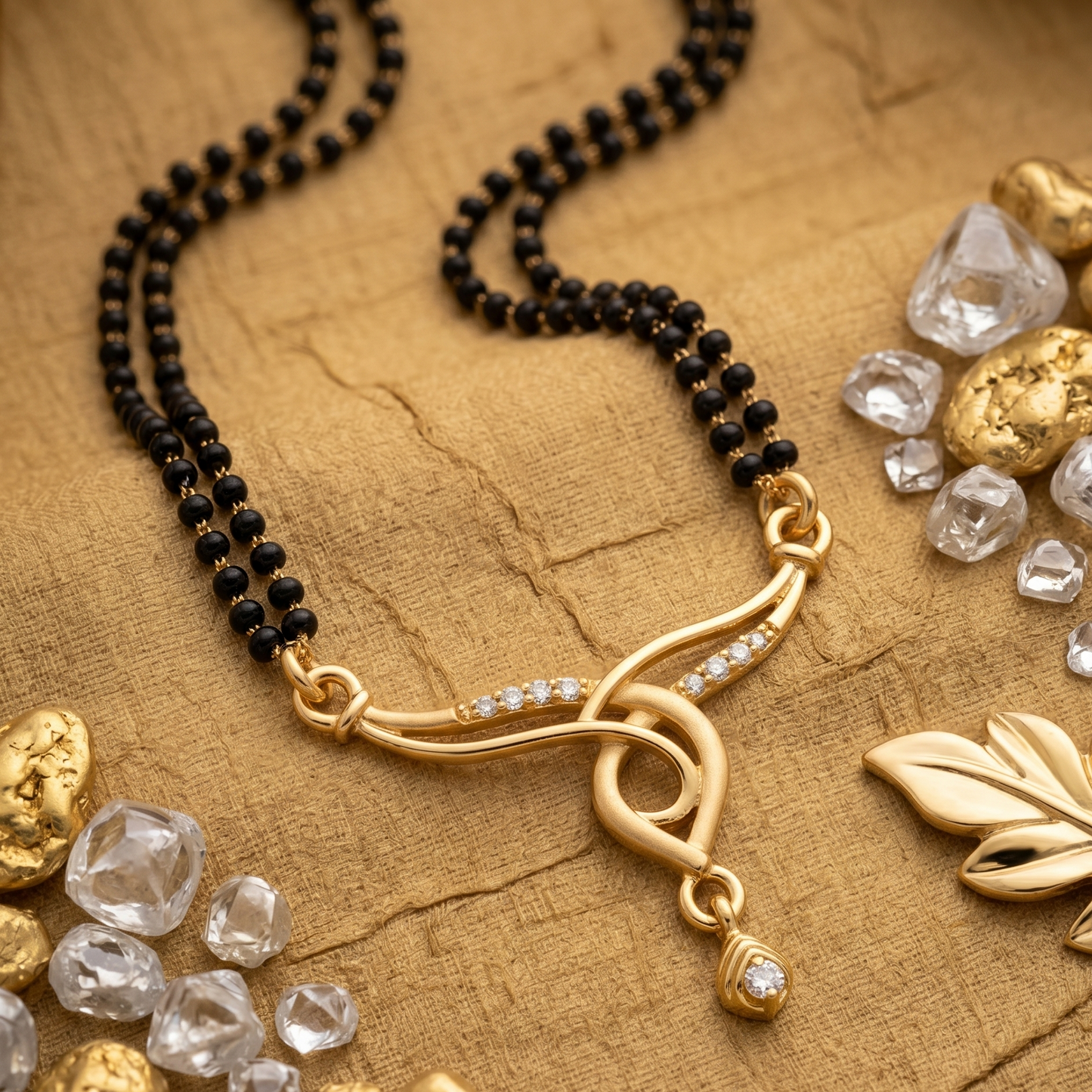 Gold Plated Double Line Mangalsutra Necklace for Women, Traditional Black Beaded Chain with CZ Diamond Pendant Indian Bridal Jewellery