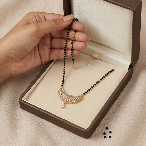 Traditional Gold Plated CZ Diamond Crescent Pendant Mangalsutra for Women | Single Line Black Beads Tanmaniya Necklace for Daily and Festive Wear