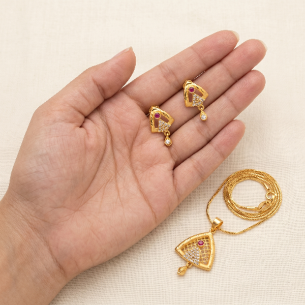 Premium Gold-Plated Triangular Pendant Necklace and Earrings Set for Women - Ethnic Traditional Jewellery with Ruby Red Stones and Cubic Zirconia Accents