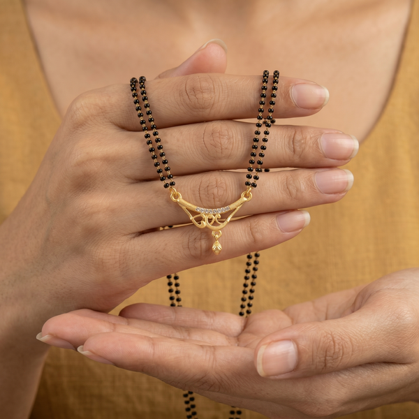 Traditional Gold Plated Double Layer Mangalsutra for Women | Cz Diamond Studded Pendant Short Tanmaniya Mangalsutra Necklace | Black Beads Daily Wear Jewellery for Women