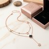 Rose Gold Plated Stainless Steel Double Layer Necklace with Black Enamel Clover and Floral Charms, Adjustable Two-Tone Lariat Pendant Chain, Trendy Korean Fashion Jewellery for Women and Girls