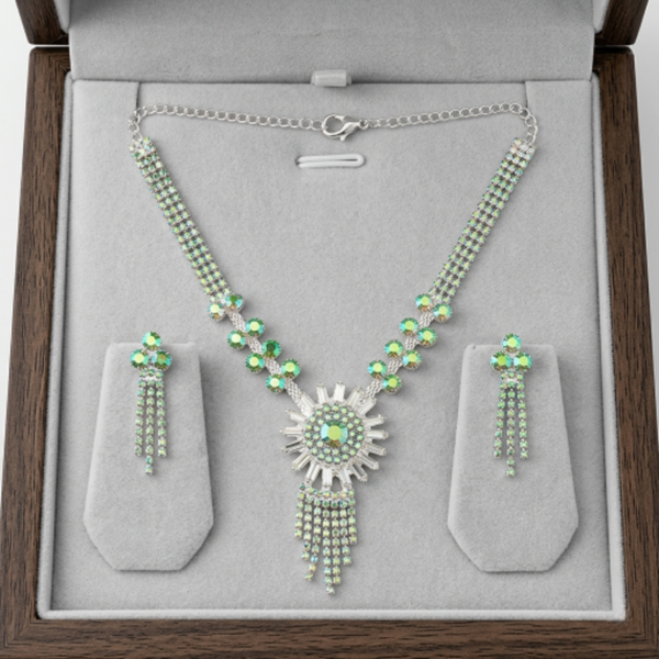 Women’s Aurora Borealis Crystal Bridal Jewellery Set - Silver-Tone Rhinestone Fringe Statement Necklace and Dangle Drop Earrings for Weddings, Prom, and Formal Galas