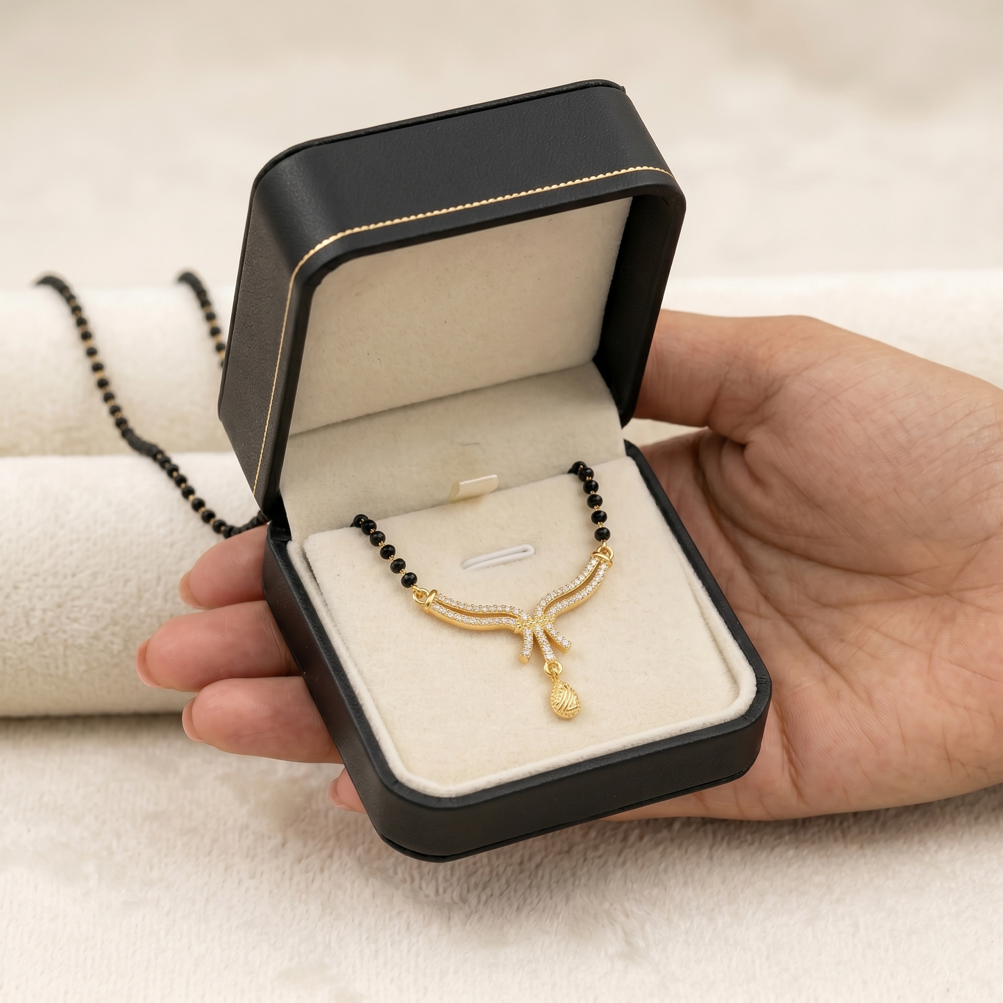 Modern Mangalsutra for Women - Gold Plated Diamond Pendant Black Bead Single Chain | Elegant Daily Wear and Festival Short Mangalsutra Necklace