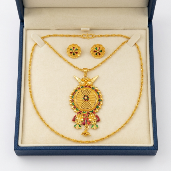 Traditional Gold-Plated Meenakari Pendant Necklace Set with Matching Stud Earrings for Women | Ethnic Floral Design Jewellery for Weddings and Festivals
