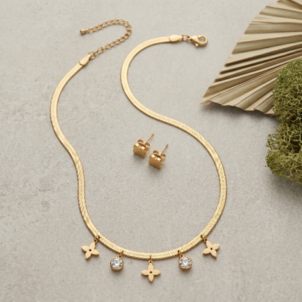 Gold Plated Clover Charm Necklace and Earrings Set for Women - Stainless Steel Dainty Herringbone Snake Chain with Crystal Floral Charms - Tarnish Resistant Fashion Jewellery Gift for Her