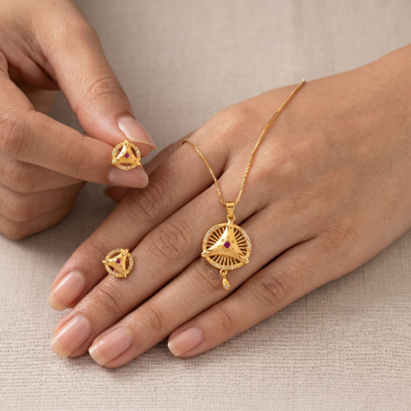 Gold-Plated Jewellery Set for Women – Elegant Geometric Sunburst Pendant Necklace and Matching Stud Earrings with Ruby Pink Stones and Clear Crystal Accents