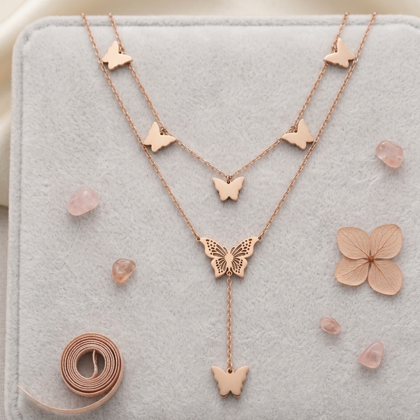 Rose Gold Butterfly Necklace for Women - Multi Layered Stainless Steel Butterfly Pendant Necklace, Anti-Tarnish & Waterproof Jewellery, Stylish Lariat Long Chain Gift for Girls and Women