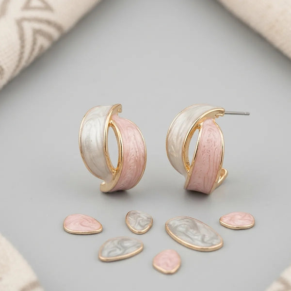Rose Gold Pastel Pink White Enamel Half Hoop Earrings For Women
