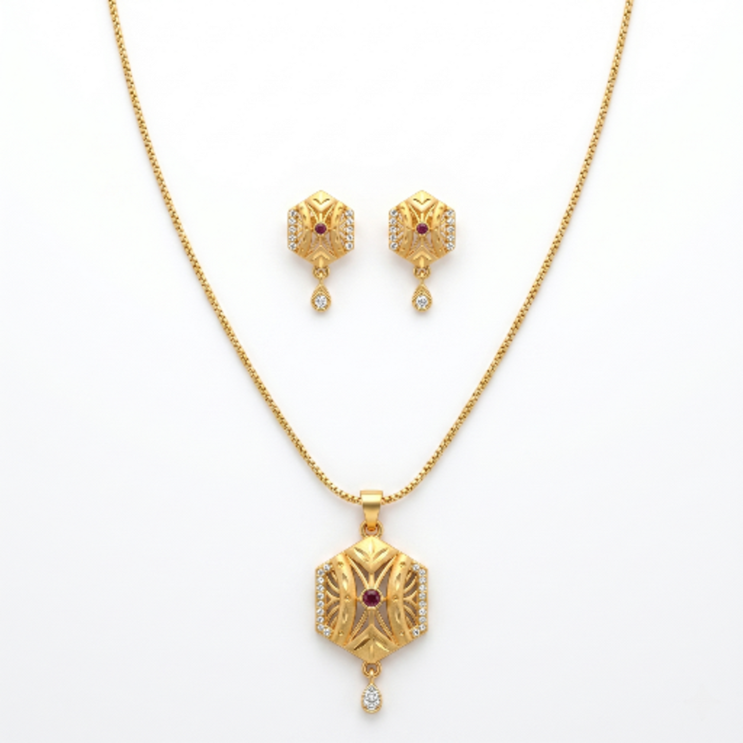 Elegant Gold-Toned Hexagon Locket Necklace Set with Matching Earrings – Designer Ruby-Studded Ethnic Jewellery for Girls and Women – Perfect Anniversary or Birthday Gift for Her