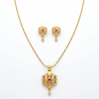 Elegant Gold-Toned Hexagon Locket Necklace Set with Matching Earrings – Designer Ruby-Studded Ethnic Jewellery for Girls and Women – Perfect Anniversary or Birthday Gift for Her