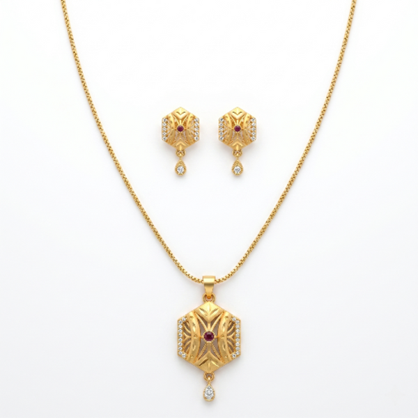 Elegant Gold-Toned Hexagon Locket Necklace Set with Matching Earrings – Designer Ruby-Studded Ethnic Jewellery for Girls and Women – Perfect Anniversary or Birthday Gift for Her