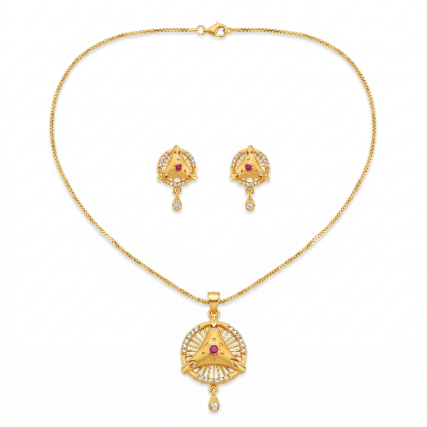 Gold-Plated Jewellery Set for Women – Elegant Geometric Sunburst Pendant Necklace and Matching Stud Earrings with Ruby Pink Stones and Clear Crystal Accents