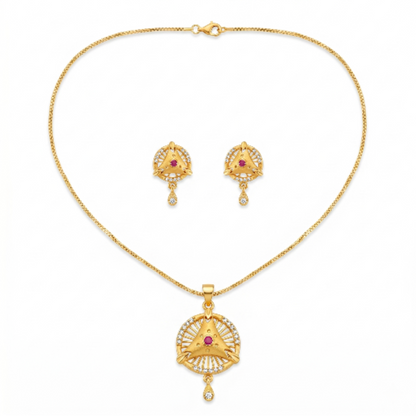 Gold-Plated Jewellery Set for Women – Elegant Geometric Sunburst Pendant Necklace and Matching Stud Earrings with Ruby Pink Stones and Clear Crystal Accents