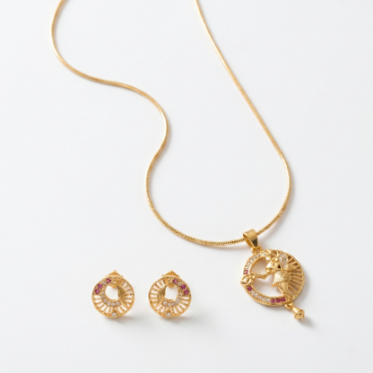 Ethnic Gold Plated Lord Krishna Pendant Necklace and Stud Earrings Set for Women – Traditional Religious Jewellery with Ruby Red Accents and White Stones – Perfect Gift for Anniversaries and Festivals