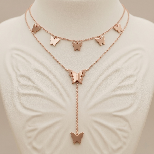 Rose Gold Butterfly Necklace for Women - Multi Layered Stainless Steel Butterfly Pendant Necklace, Anti-Tarnish & Waterproof Jewellery, Stylish Lariat Long Chain Gift for Girls and Women