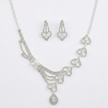 Elegant Heart Crystal Necklace and Earrings Set - Silver-Tone Rhinestone Bridal Jewellery for Weddings, Prom, and Special Occasions - Adjustable Choker with Dangle Earrings