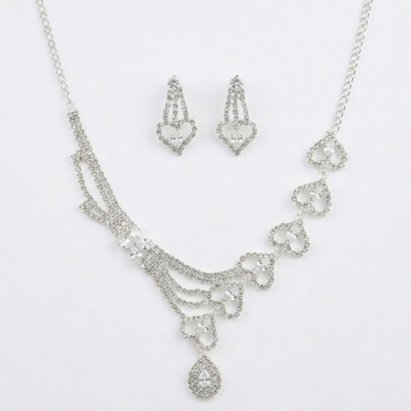 Elegant Heart Crystal Necklace and Earrings Set - Silver-Tone Rhinestone Bridal Jewellery for Weddings, Prom, and Special Occasions - Adjustable Choker with Dangle Earrings