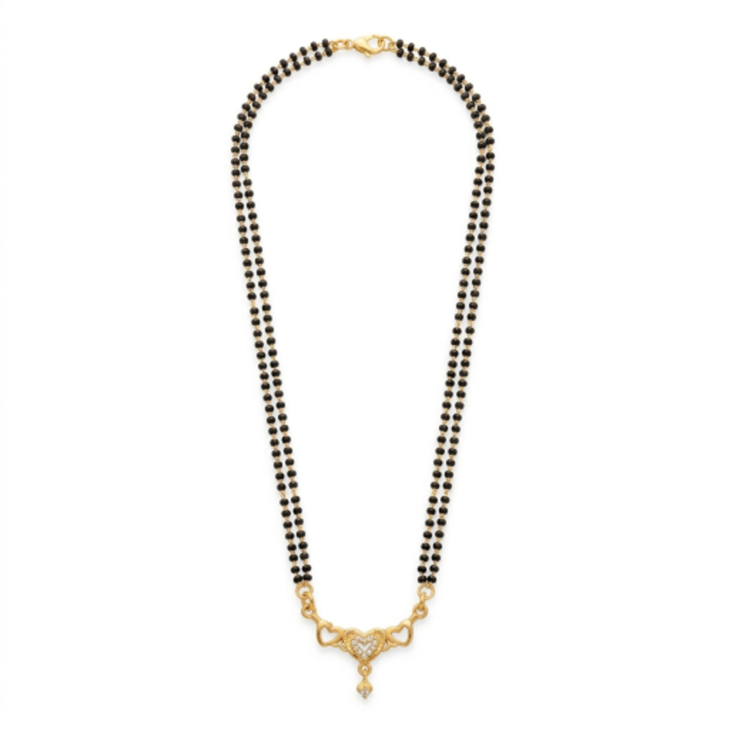 Gold Plated Double String Black Seed Bead Mangalsutra for Women | Traditional Ethnic Heart Pendant Necklace with American Diamond Accents | Daily Wear Tanmaniya for Marriage