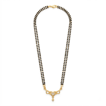 Gold Plated Double String Black Seed Bead Mangalsutra for Women | Traditional Ethnic Heart Pendant Necklace with American Diamond Accents | Daily Wear Tanmaniya for Marriage