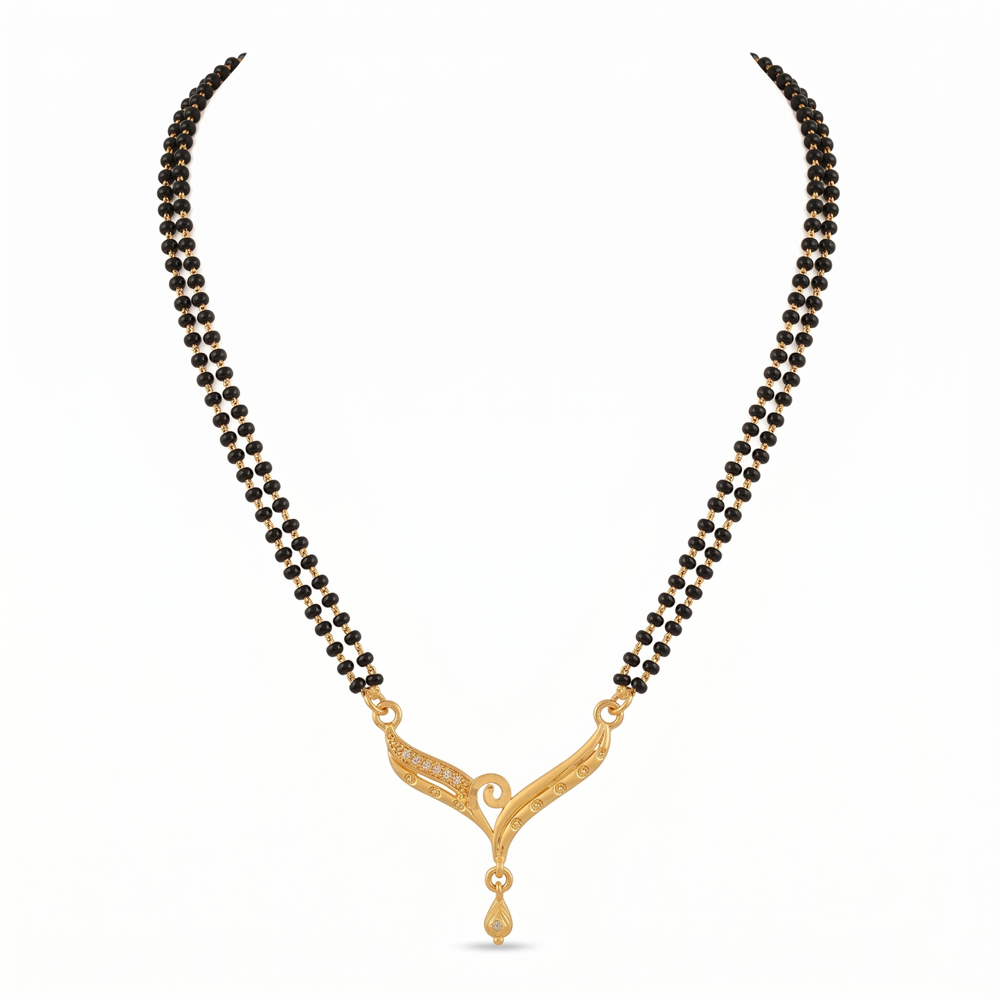 Gold Plated Double Layer Mangalsutra for Women with CZ Accents | Two Line Black Bead Chain Necklace for Daily Wear or Wedding Gift | Traditionally Designed Pendant