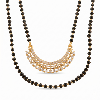 Traditional Gold Plated Mangalsutra Necklace for Women with American Diamond Adorned Crescent Moon Pendant | Black Beaded Chain | Wati Design Traditional Indian Jewellery for Wedding & Festive Wear | Gift for Wife/Mother