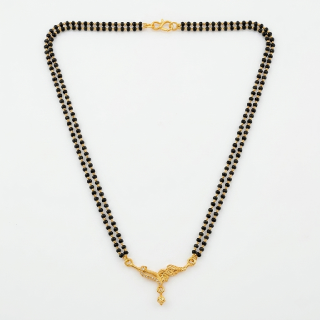 Traditional Gold Plated Dual Strand Black Beaded Mangalsutra with CZ Diamond Studded Floral Pendant for Women - Ethnic Jewellery for Weddings & Festivals