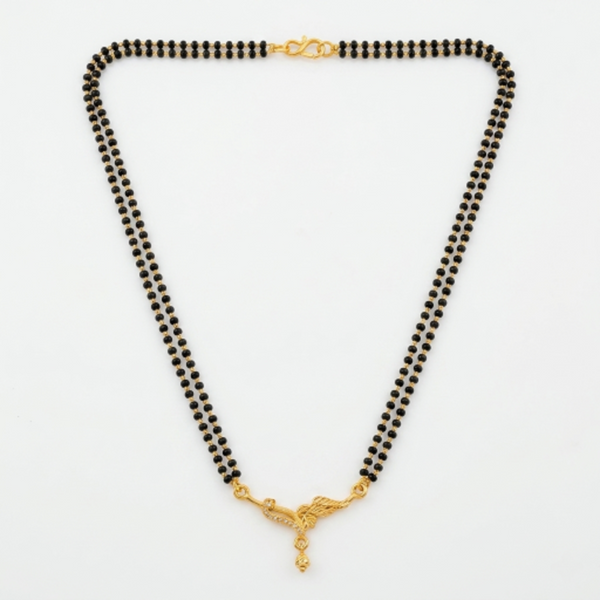 Traditional Gold Plated Dual Strand Black Beaded Mangalsutra with CZ Diamond Studded Floral Pendant for Women - Ethnic Jewellery for Weddings & Festivals