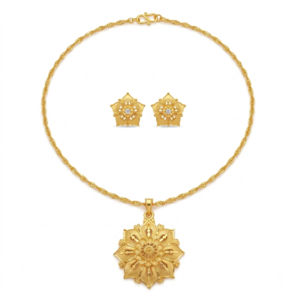 Gold-Plated Floral Pendant Necklace and Earring Set for Women, Traditional Ethnic Flower Design Jewellery Set with Twisted Chain, Gift Box Included