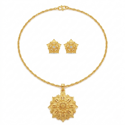Gold-Plated Floral Pendant Necklace and Earring Set for Women, Traditional Ethnic Flower Design Jewellery Set with Twisted Chain, Gift Box Included