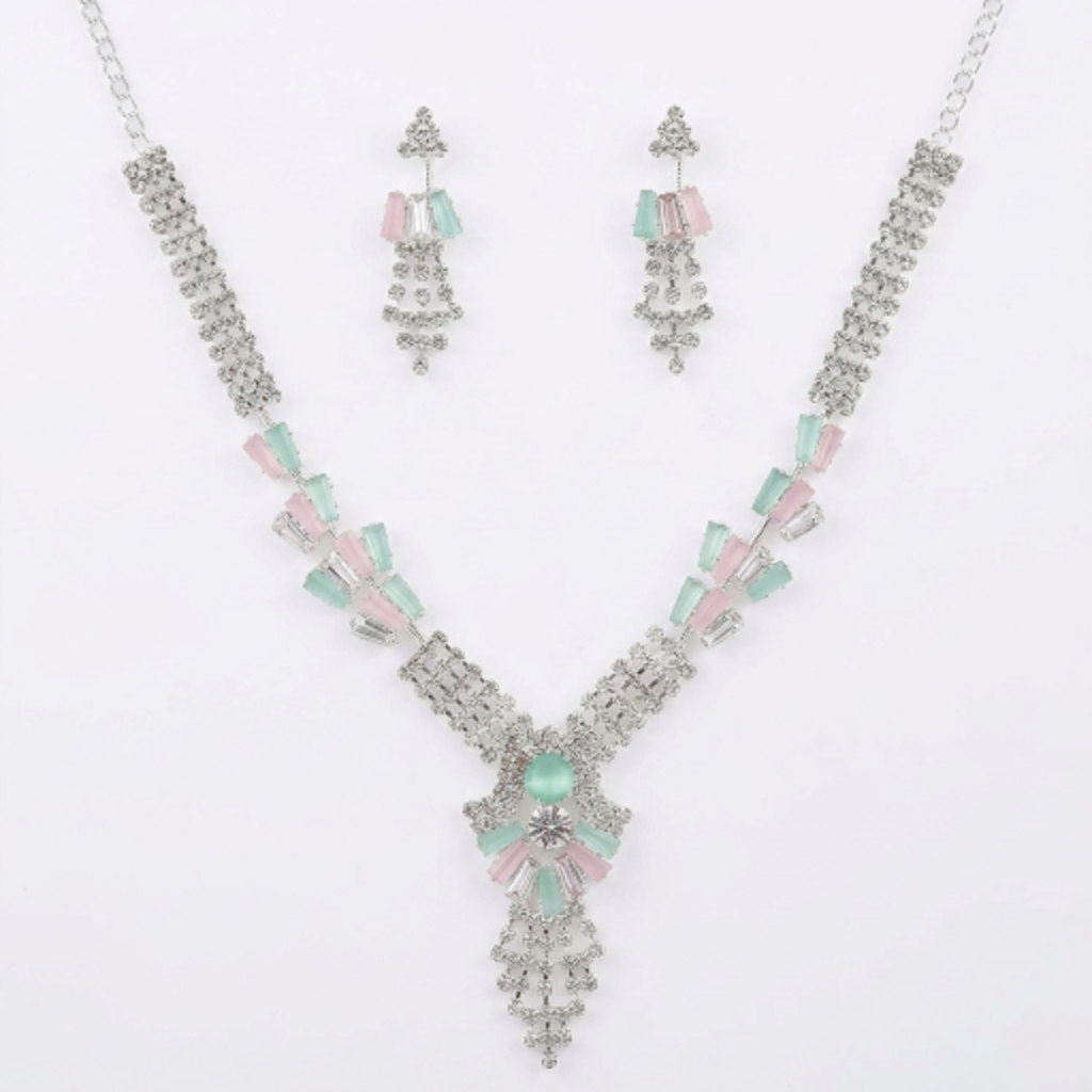 Elegant Silver-Plated Choker Necklace and Earrings Set with Mint Green & Blush Pink Baguette Crystals – Fancy Bridal & Party Wear Jewellery for Women and Girls