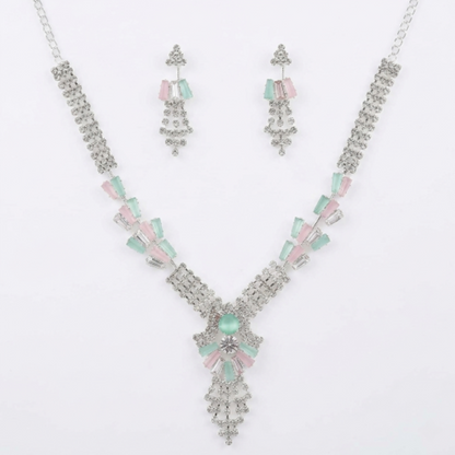 Elegant Silver-Plated Choker Necklace and Earrings Set with Mint Green & Blush Pink Baguette Crystals – Fancy Bridal & Party Wear Jewellery for Women and Girls