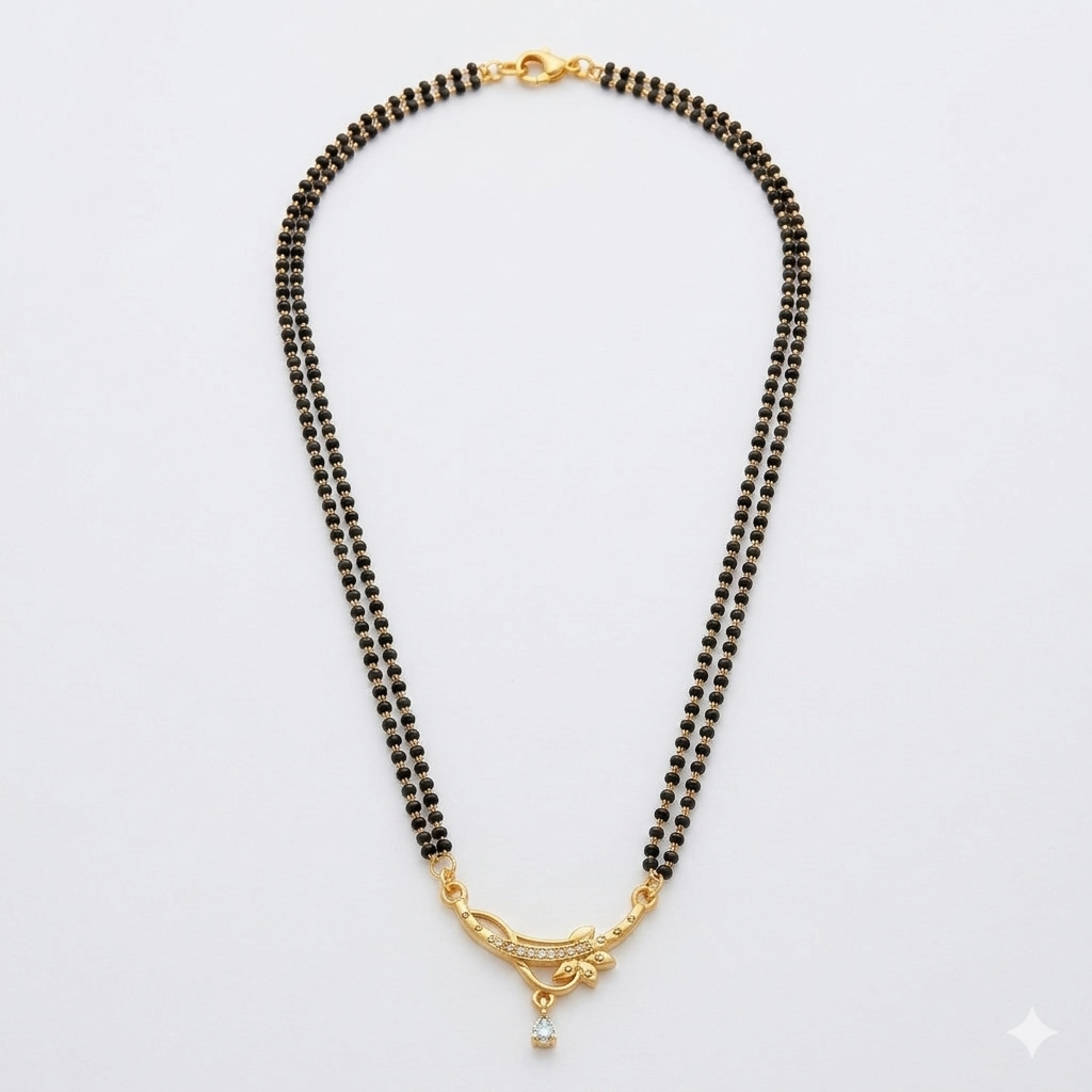 Modern Double String Gold Plated Mangalsutra for Women | Traditional Black Beaded Tanmaniya Necklace with Cubic Zirconia Floral Pendant | Ethnic Daily Wear Jewellery Gift
