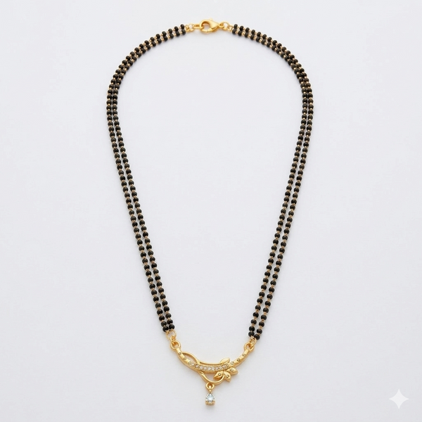 Modern Double String Gold Plated Mangalsutra for Women | Traditional Black Beaded Tanmaniya Necklace with Cubic Zirconia Floral Pendant | Ethnic Daily Wear Jewellery Gift