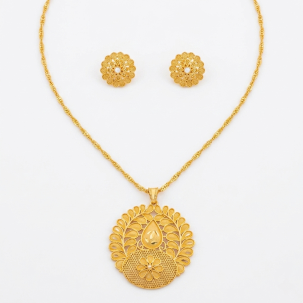 Gold-Plated Traditional Floral Filigree Pendant Necklace with Matching Stud Earrings for Women and Girls - Ethnic Jewellery Set for Wedding, Festivals, and Gifting