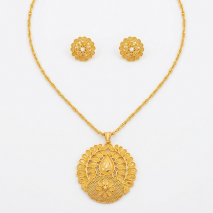 Gold-Plated Traditional Floral Filigree Pendant Necklace with Matching Stud Earrings for Women and Girls - Ethnic Jewellery Set for Wedding, Festivals, and Gifting